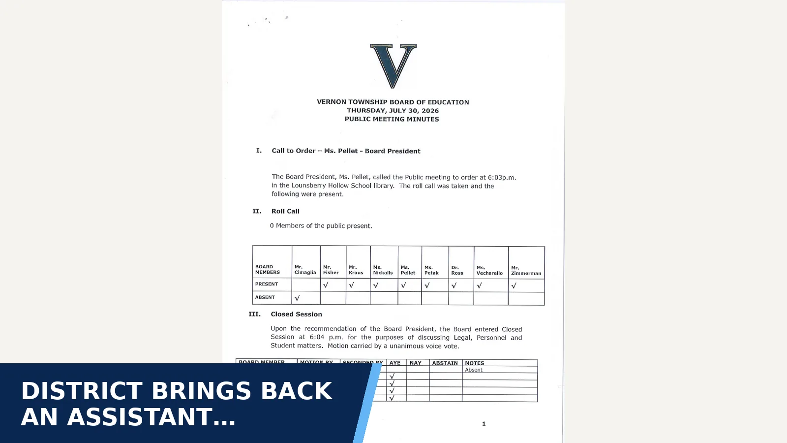 Excerpt from July 26: July 30, 2026 Public Meeting Minutes.pdf for District brings back an assistant superintendent…