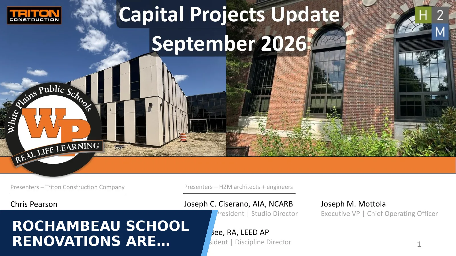 Excerpt from Board capital projects update presentation (September 2026 - Capital Projects Update) for Rochambeau School renovations are behind schedule