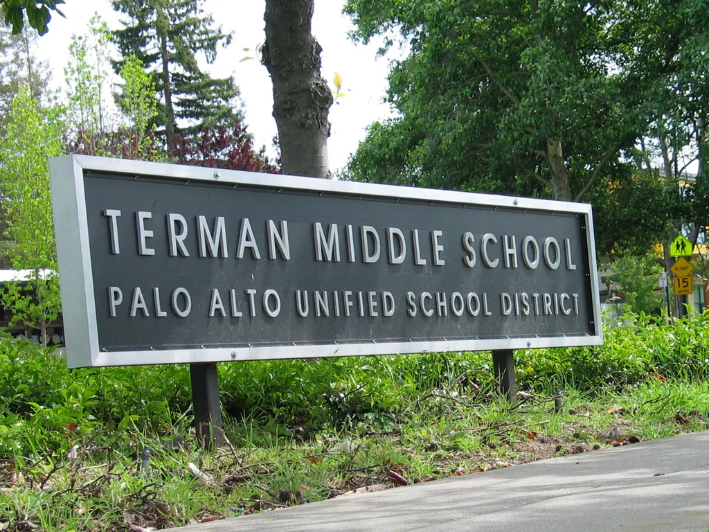Sign for Terman Middle School, a middle school for the Palo Alto Unified School District in California. It is located at 655 Arastradero Rd, Palo Alto, CA 94306, USA.