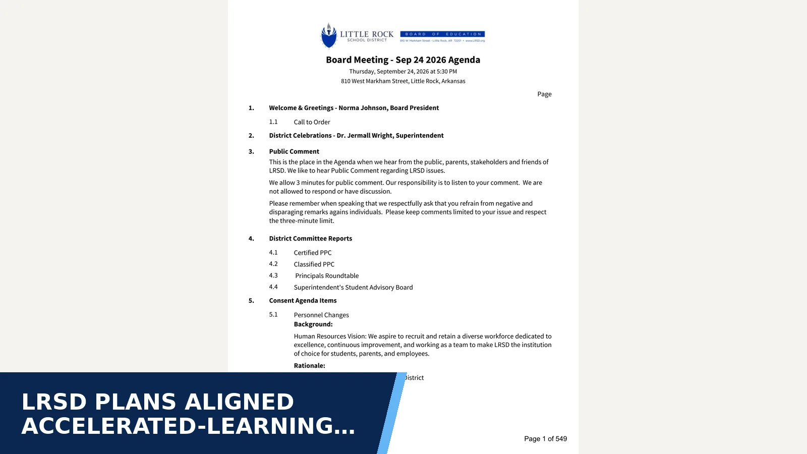 Excerpt from Board Meeting - Sep 24 2026 - Agenda for LRSD plans aligned accelerated-learning pathways…