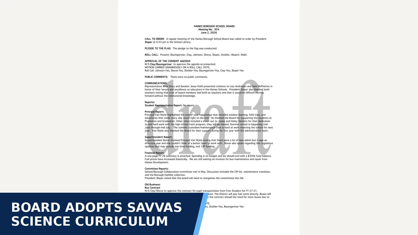 Excerpt from HBSB-934-June-2-2026 minutes .pdf for Board adopts SAVVAS science curriculum