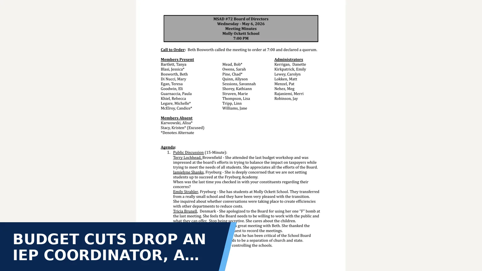 Excerpt from School Board: Meeting Minutes - 5/6/2026 for Budget cuts drop an IEP coordinator, a central…