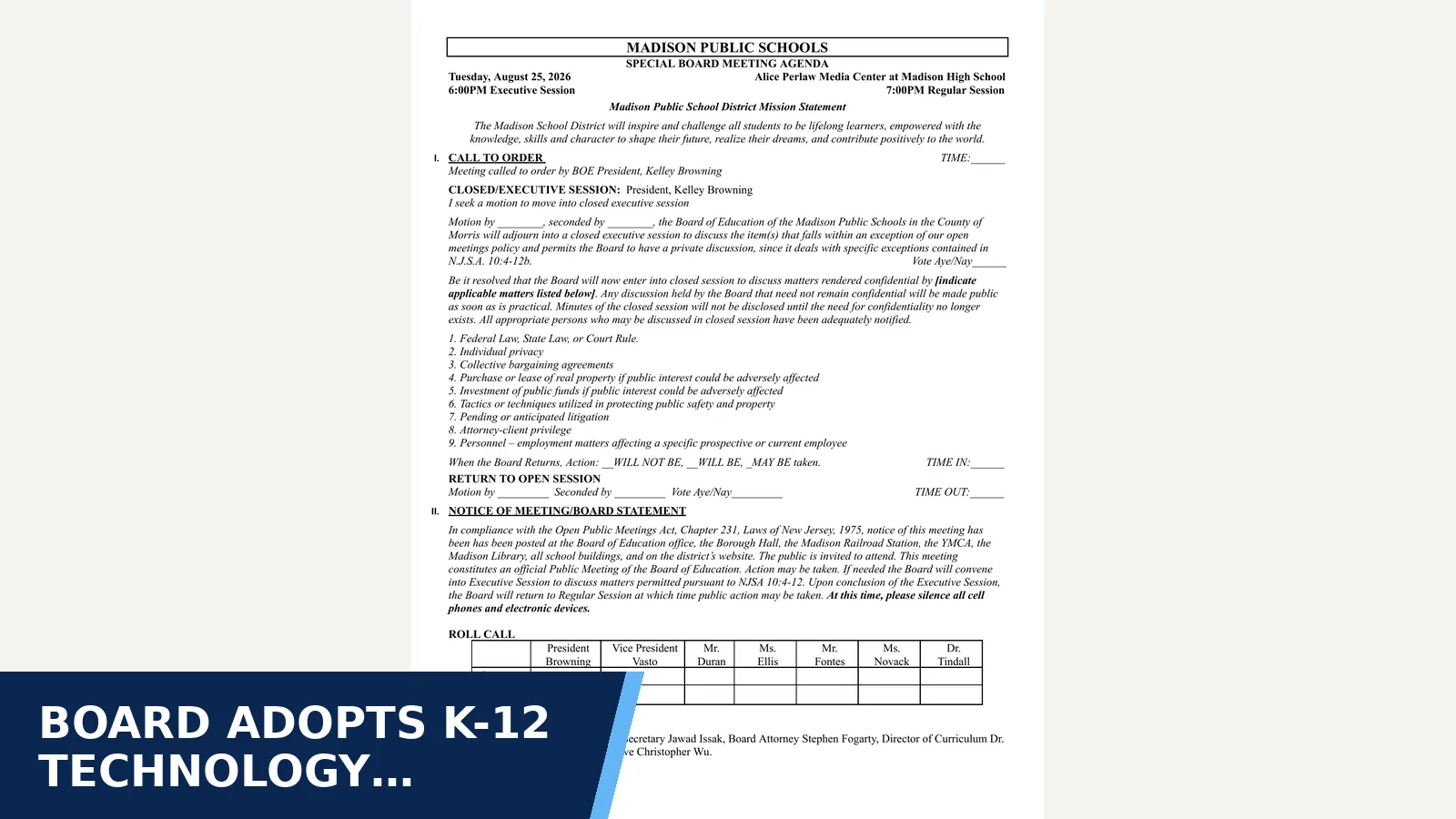 Excerpt from August 25, 2026 BOE Special Meeting Agenda for Board adopts K-12 Technology Framework and student…