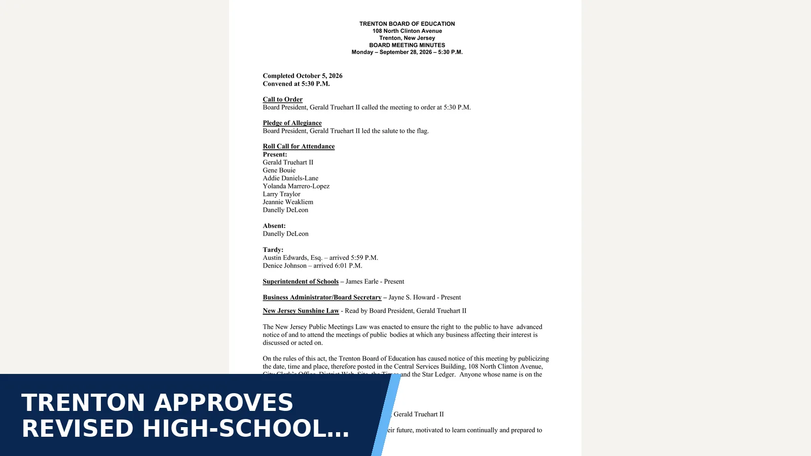 Excerpt from 09-28-26 Regular Board Meeting: 09-28-26 Regular Meeting Minutes for Trenton approves revised high-school catalog with…