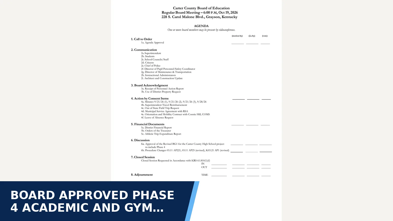 Excerpt from Carter County Board of Education — 10-19-26 Board Packet for Board approved Phase 4 academic and gym space