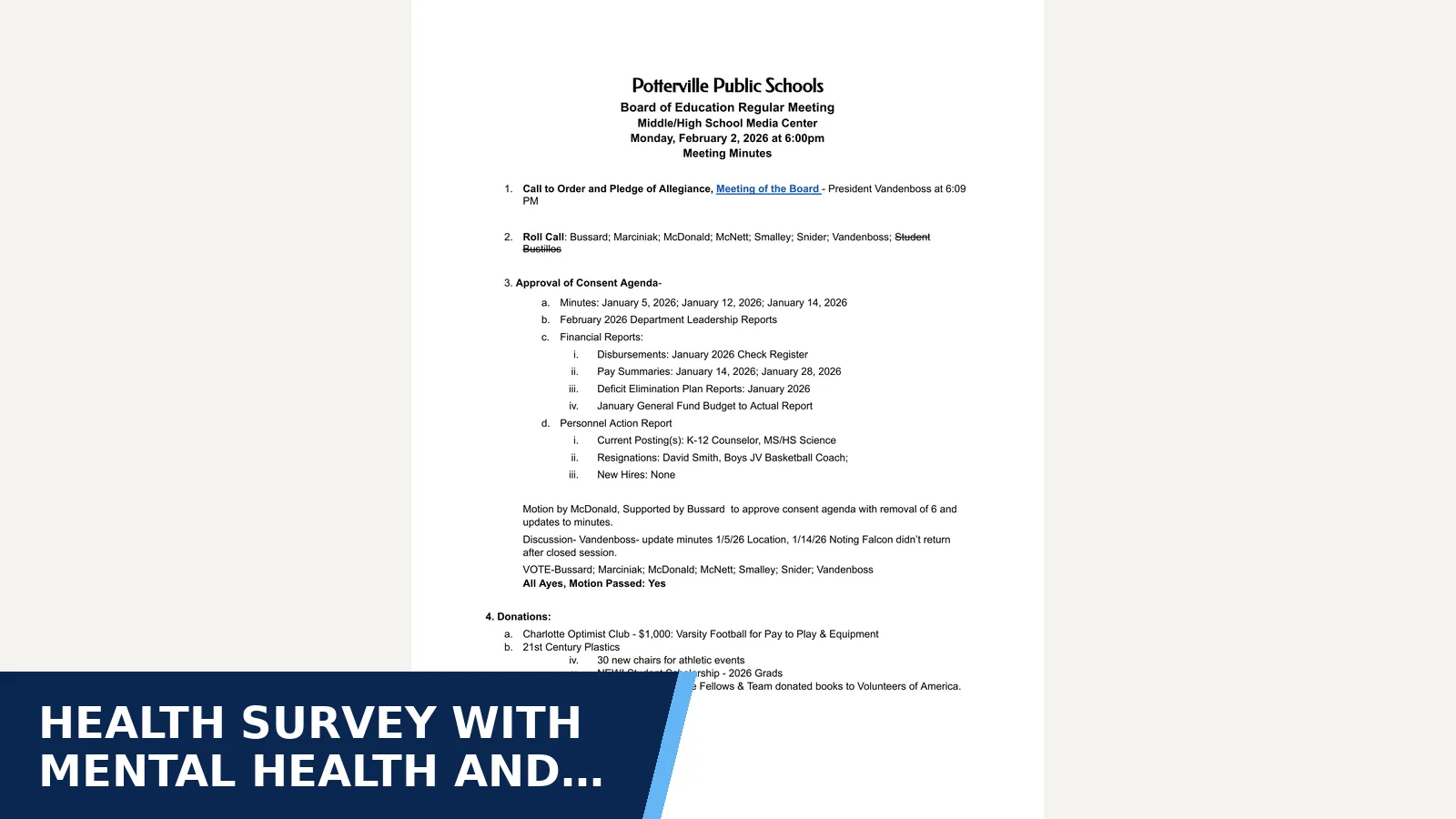 Excerpt from Potterville Board of Education regular meeting minutes: 02.02.2026 for Health survey with mental health and suicide…