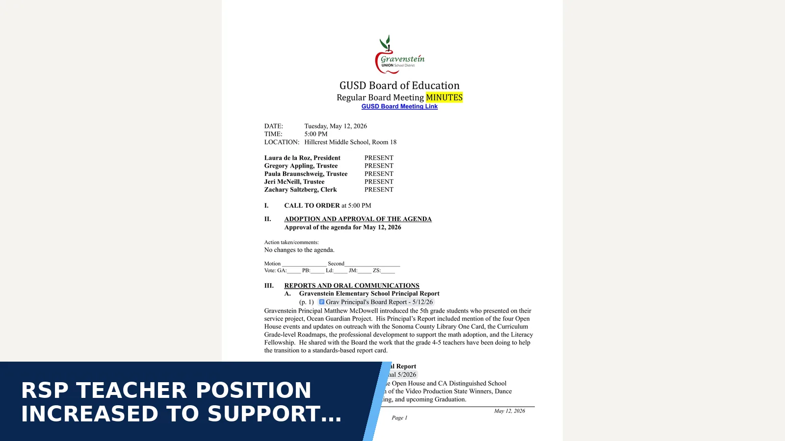 Excerpt from GUSD Board Meeting Minutes May 12, 2026 for RSP Teacher Position Increased to Support New…