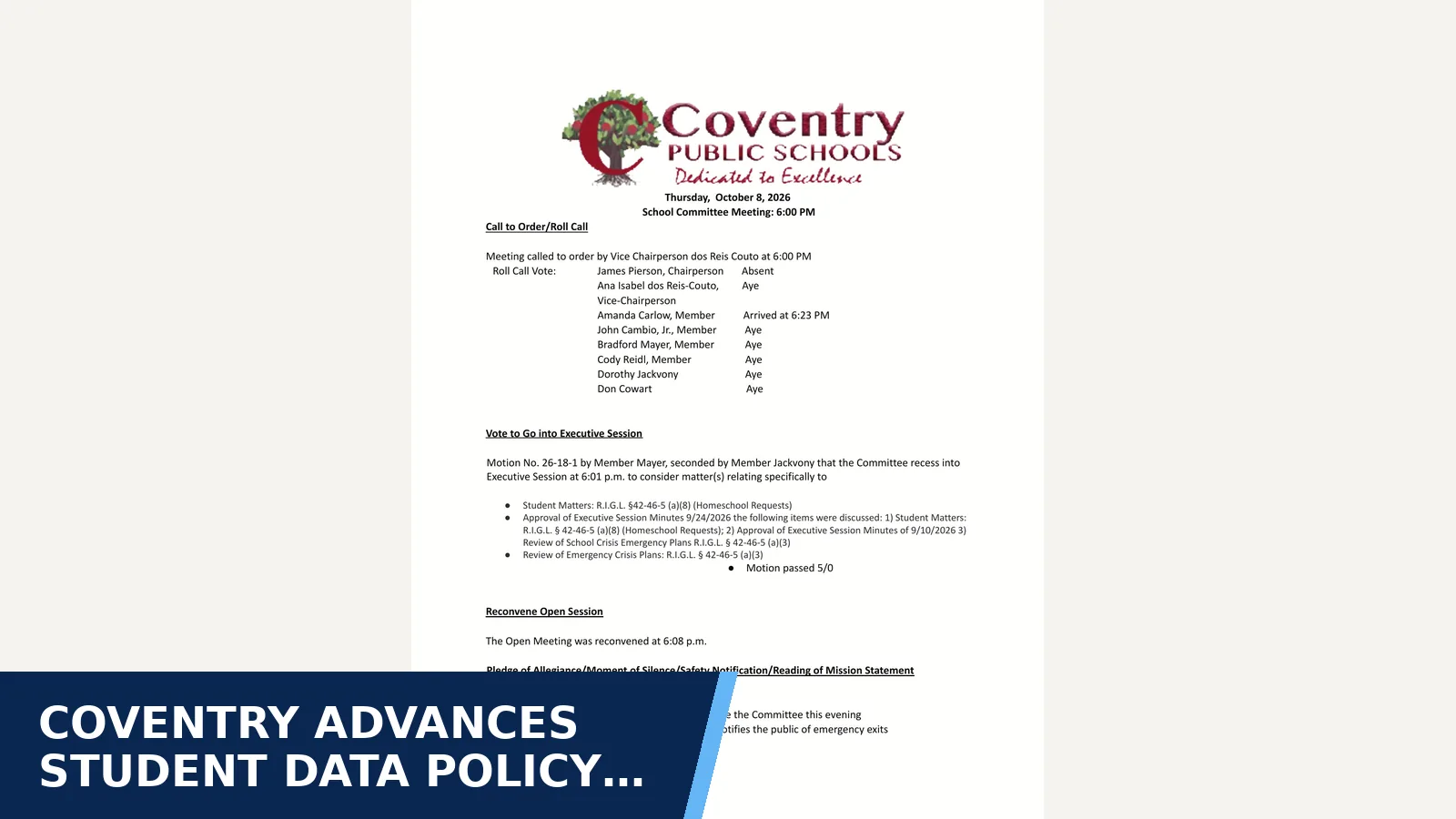 Excerpt from Coventry School Committee — Minutes for Coventry advances student data policy revisions…