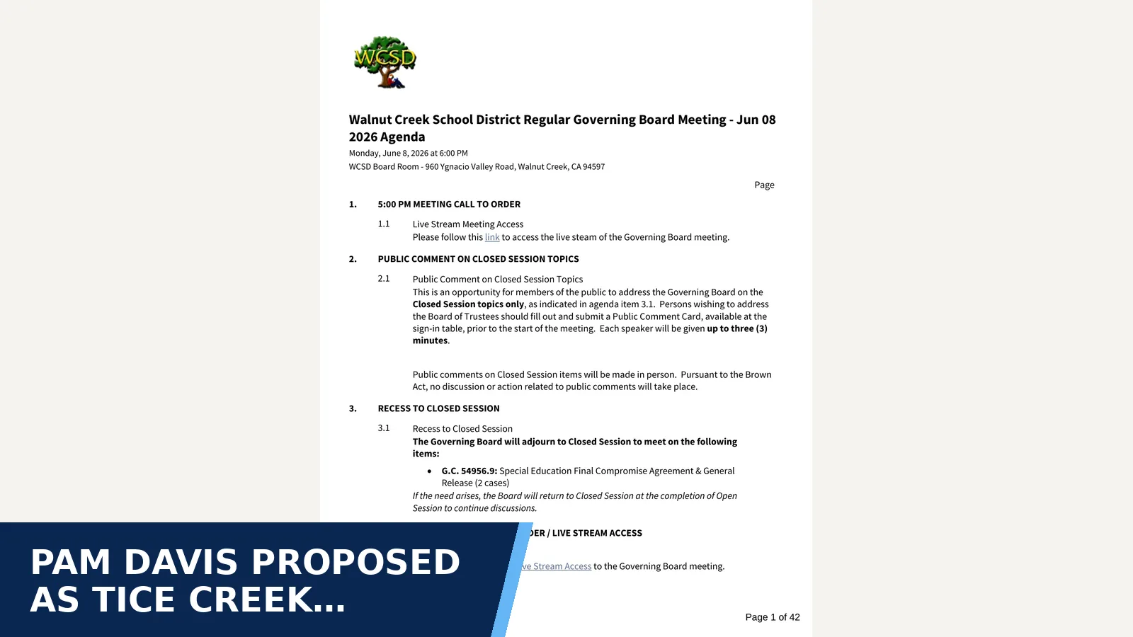 Excerpt from Walnut Creek School District Regular Governing Board Meeting - Jun 08 2026 for Pam Davis proposed as Tice Creek principal