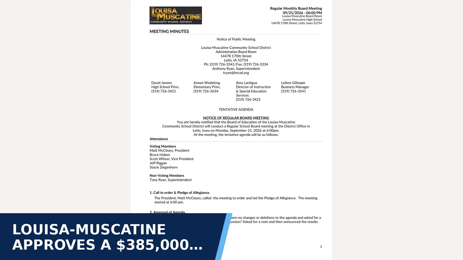 Excerpt from 9/21/2026 Meeting for Louisa-Muscatine approves a $385,000…
