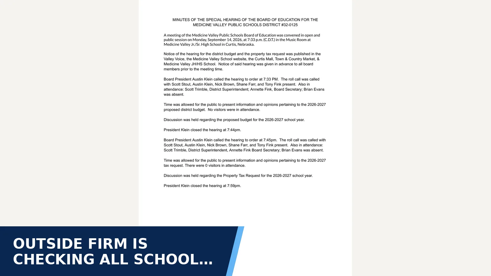 Excerpt from Medicine Valley Board of Education: 2026-2027 September Regular Board Meeting Minutes for Outside firm is checking all school buildings;…