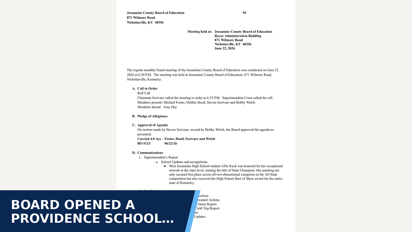 Excerpt from 06-22-26  Summary NOTES Board Meeting.pdf for Board opened a Providence School structural project