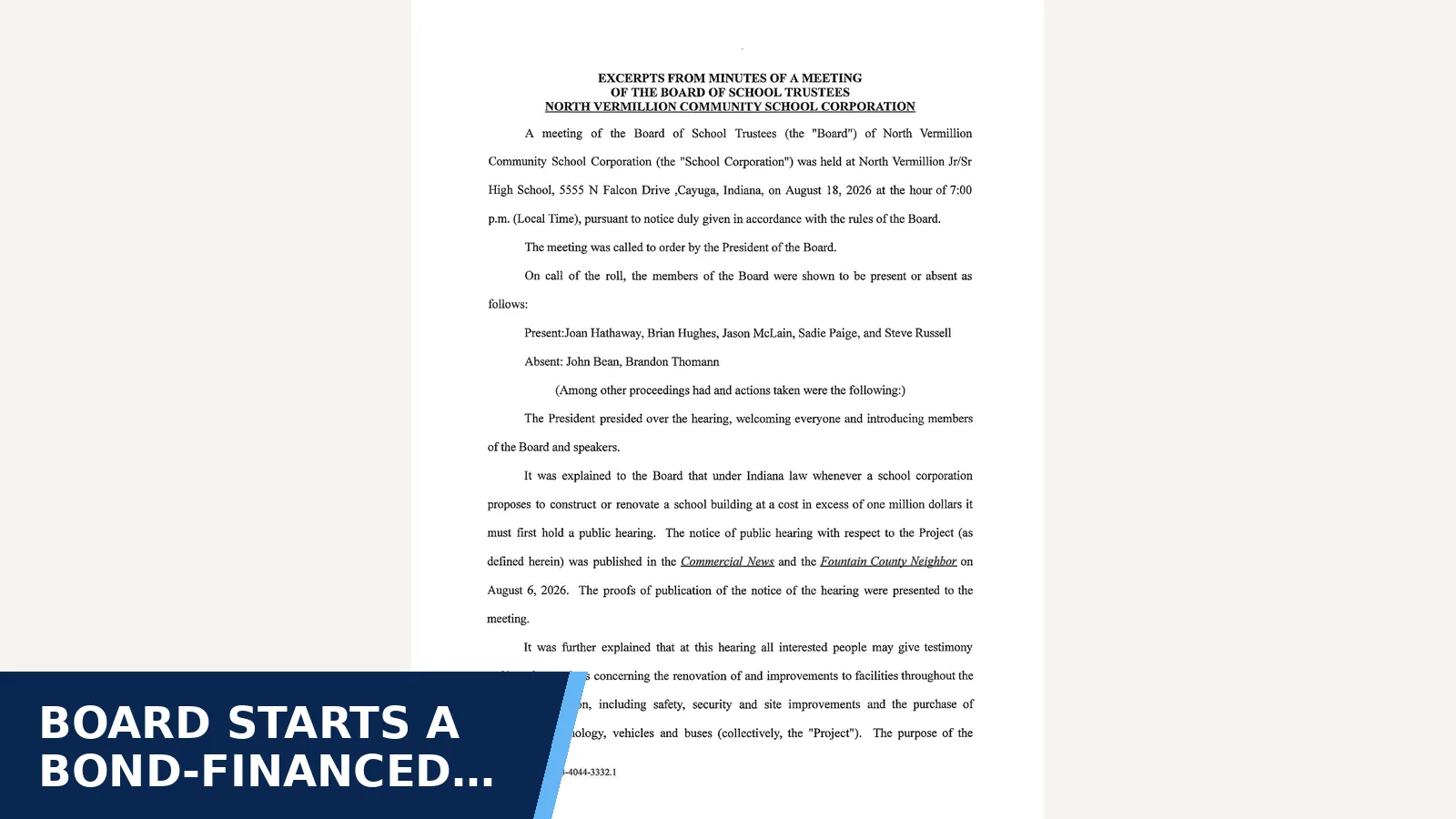 Excerpt from August 18, 2026 School Board Public Hearing Minutes 2 for Board starts a bond-financed renovation project…