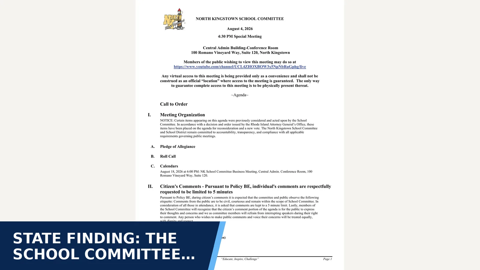 Excerpt from North Kingstown School Committee — Agenda for State finding: the School Committee broke the Open…