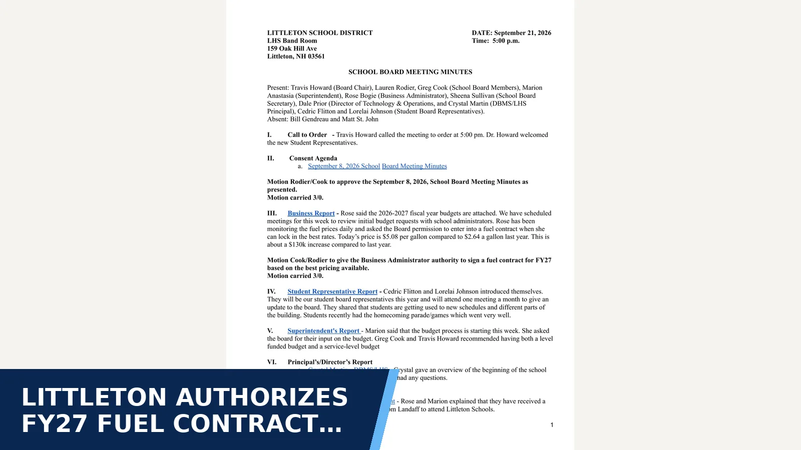 Excerpt from Littleton School Board minutes - 2026-09-21 for Littleton authorizes FY27 fuel contract as costs…