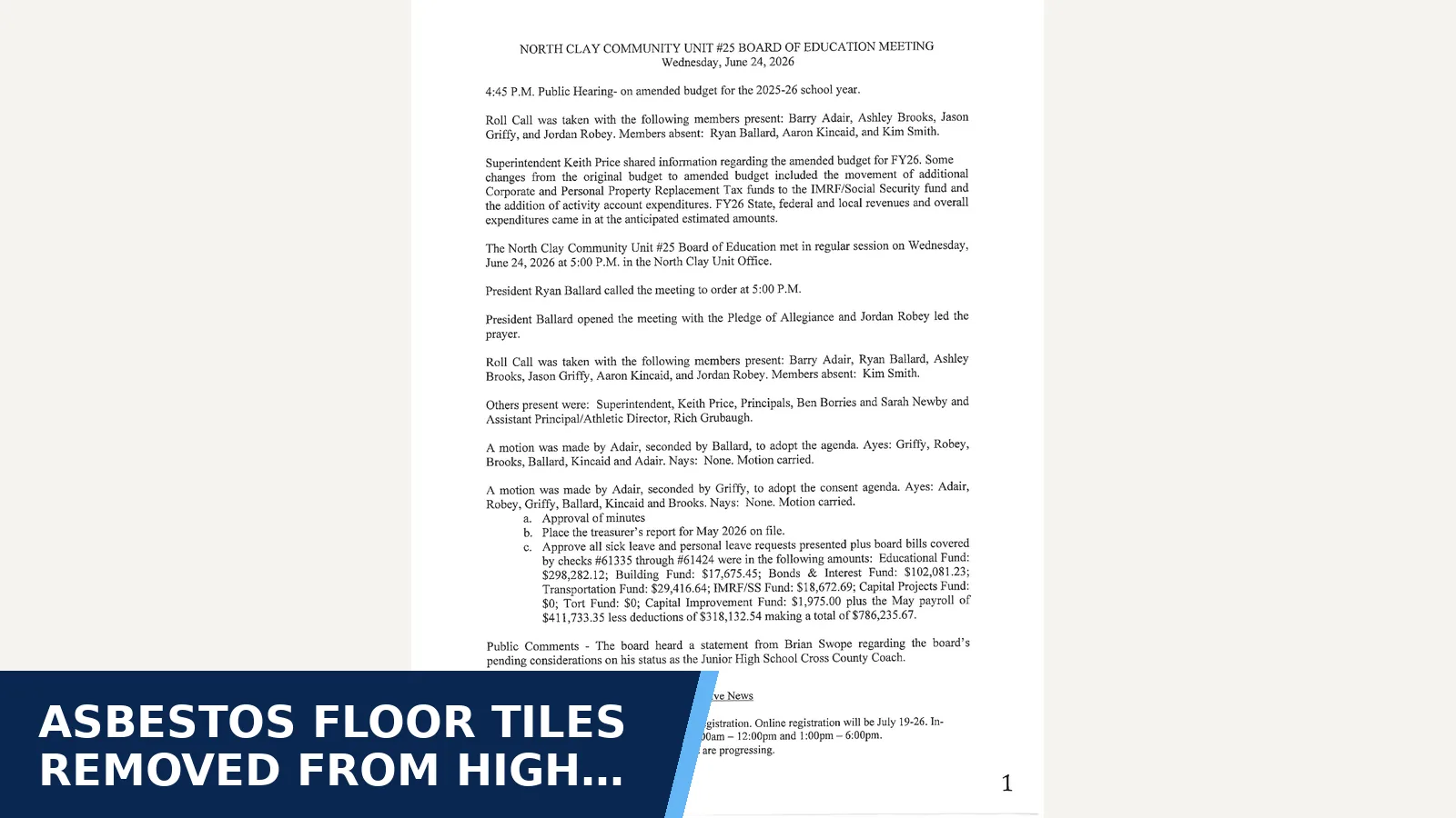 Excerpt from Board of Education minutes 2026-06-24 for Asbestos floor tiles removed from high school…