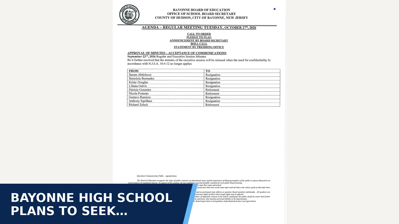 Excerpt from Agenda - October 27, 2026 for Bayonne High School plans to seek approval for 10…