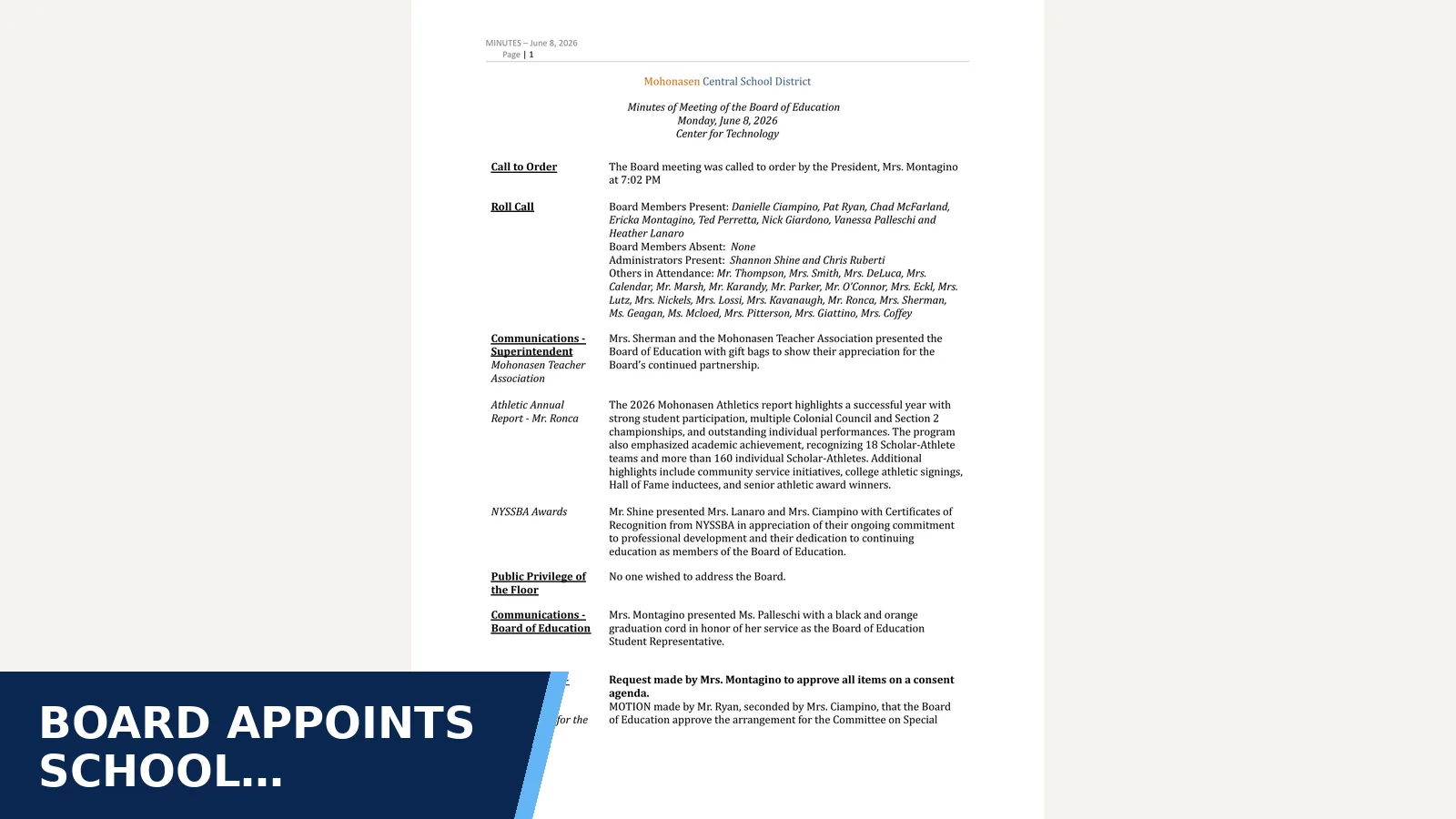 Excerpt from 6-8-2026 Minutes for Board appoints school administrators