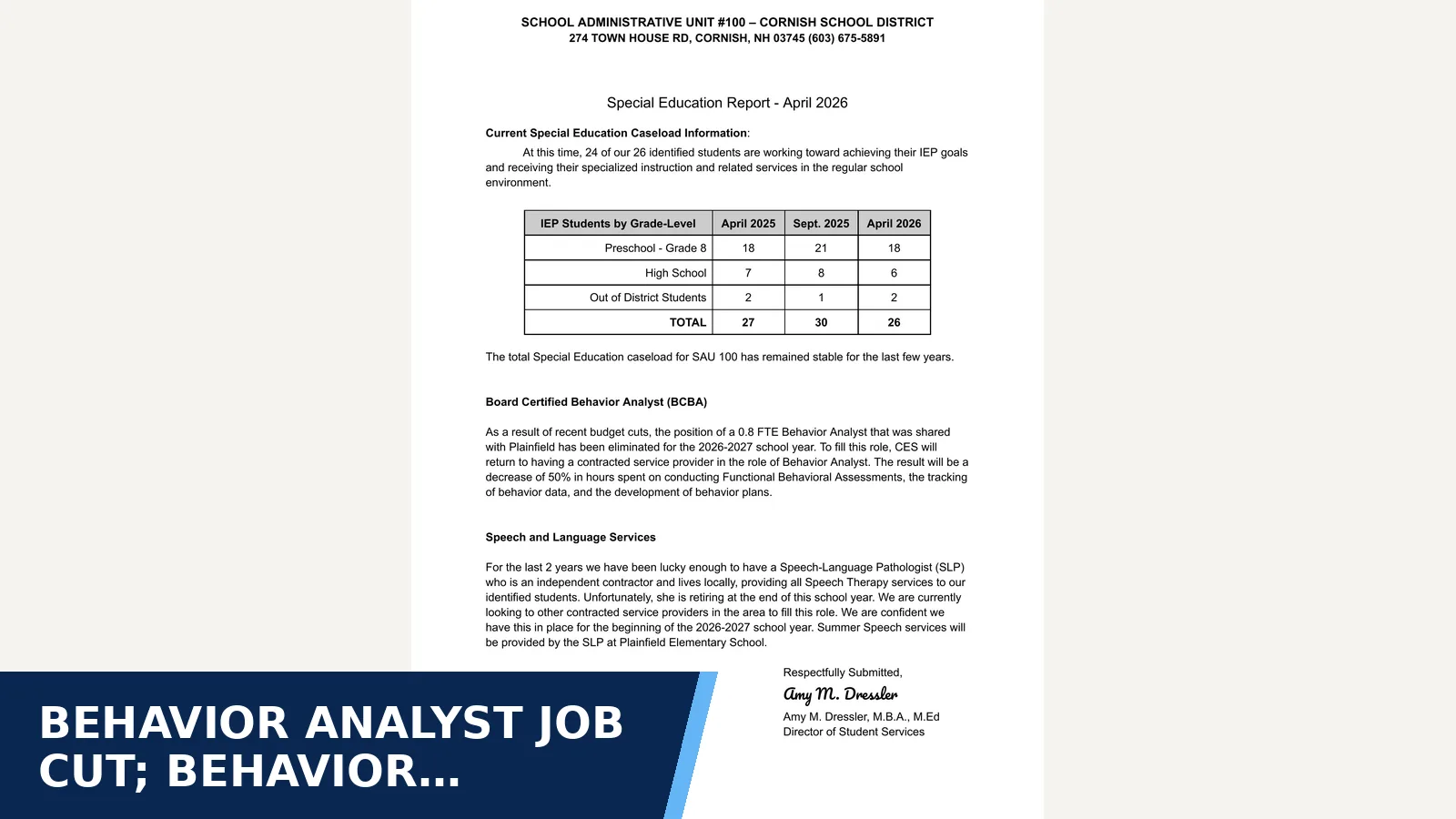 Excerpt from Cornish School Board: F-C. 4_2026 SpEd Report - Cornish.pdf for Behavior analyst job cut; behavior support hours…