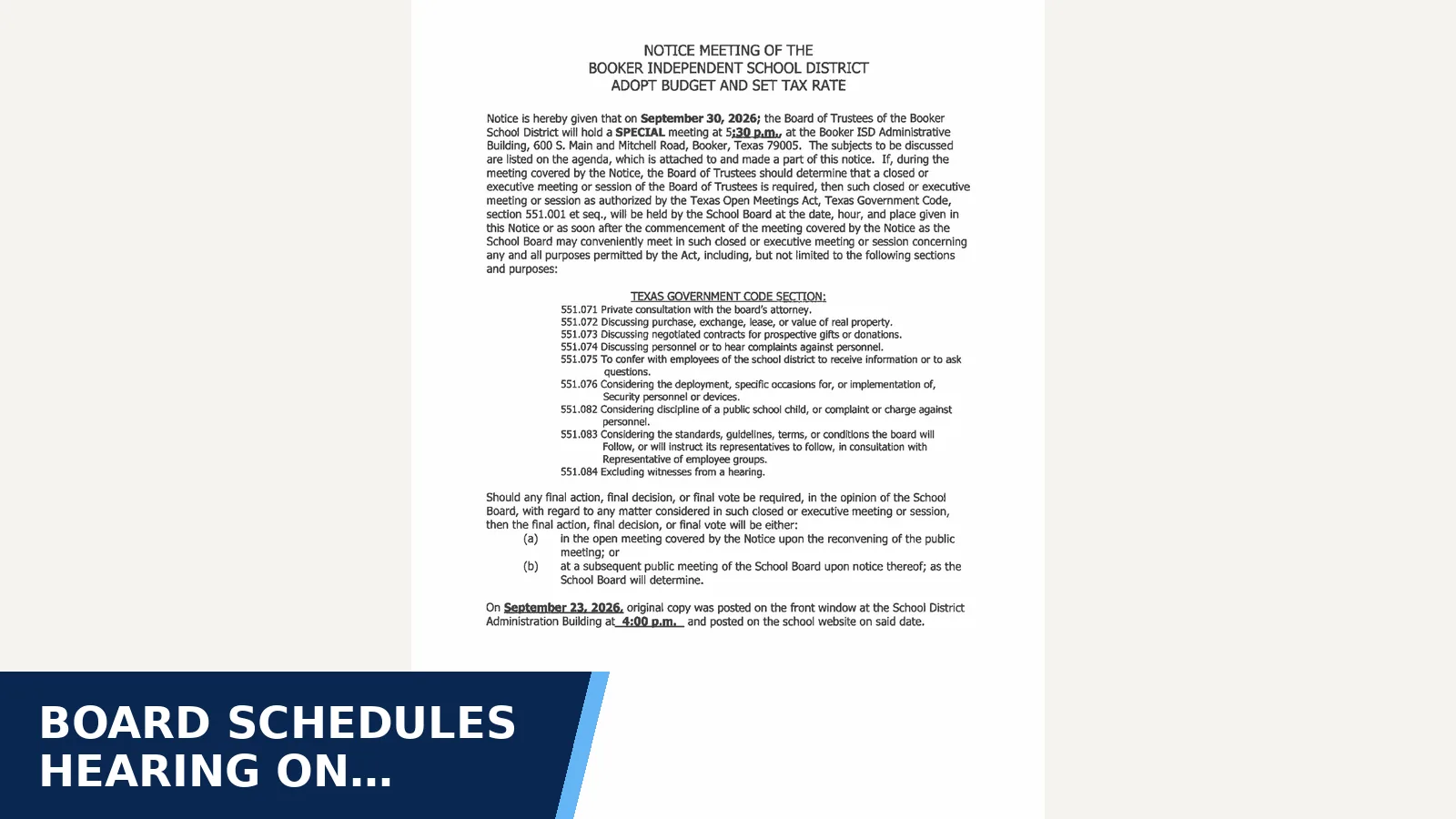 Excerpt from Booker ISD Board of Trustees Special Meeting Agenda - September 30, 2026 for Board schedules hearing on following new state law…