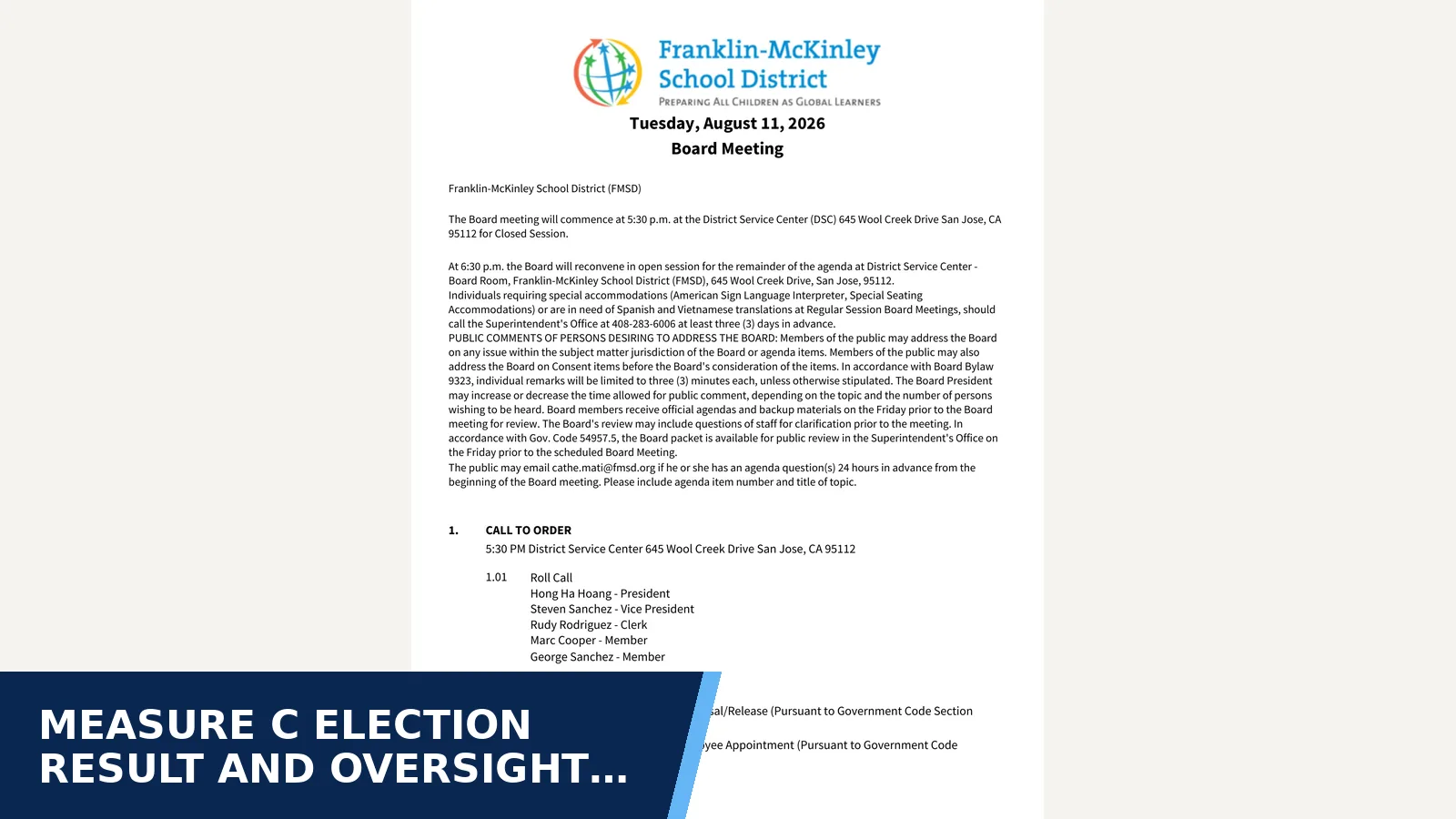 Excerpt from Aug112026AgendaENG.pdf for Measure C election result and oversight structure…