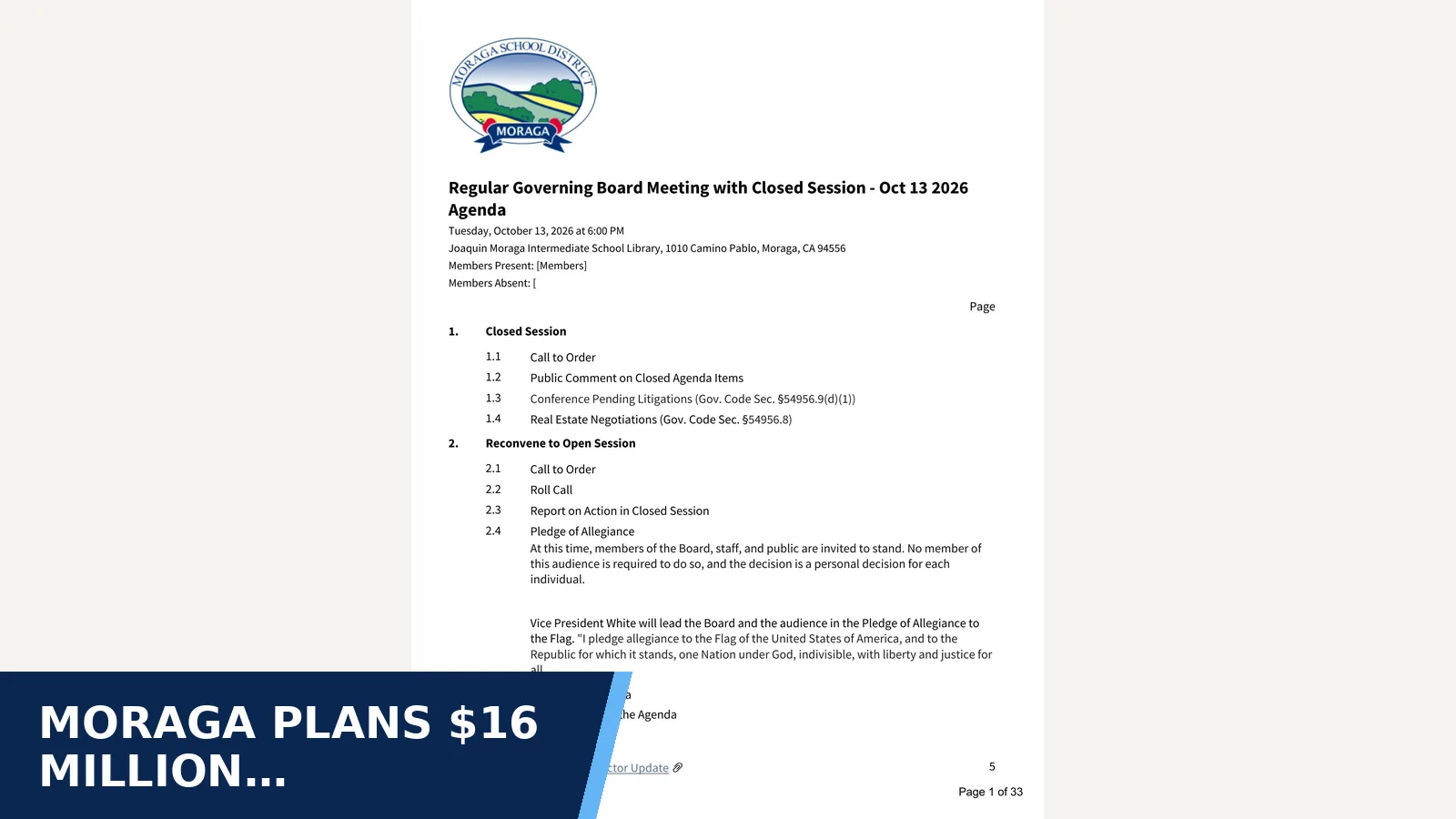 Excerpt from Regular Governing Board Meeting with Closed Session - Oct 13 2026 for Moraga plans $16 million modernization phase at…