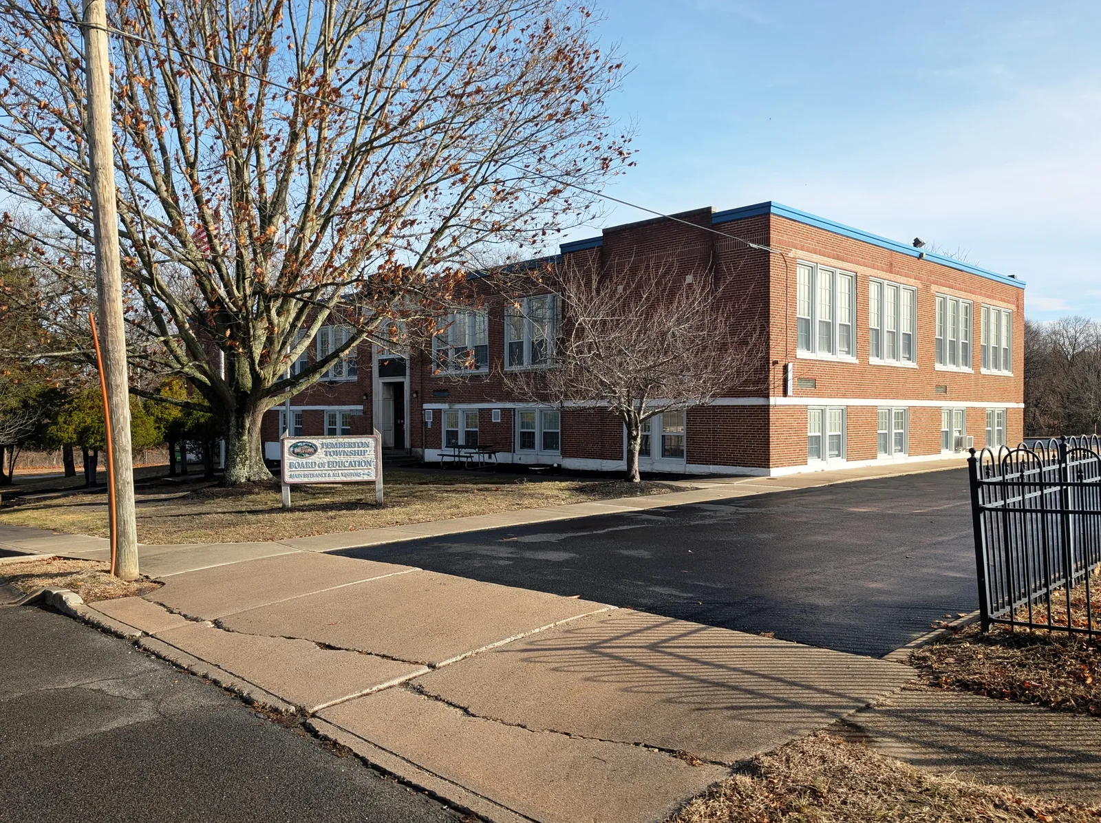 Photo of the offices for Pemberton Township School District in Pemberton Borough, New Jersey. Photo taken from Egbert Street at Reynolds Street looking east-northeast.