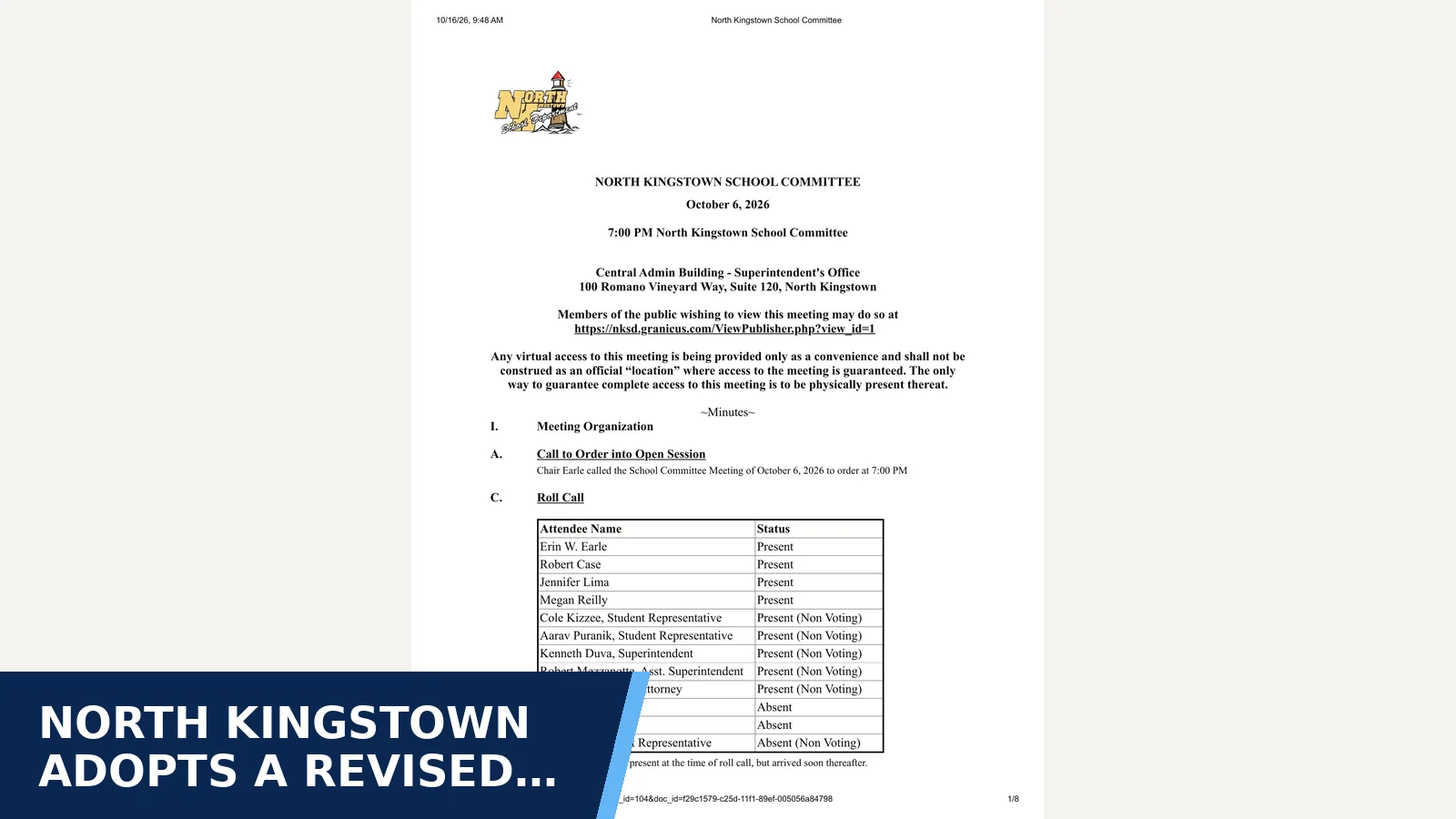 Excerpt from North Kingstown School Committee — Minutes for North Kingstown adopts a revised student-conduct…