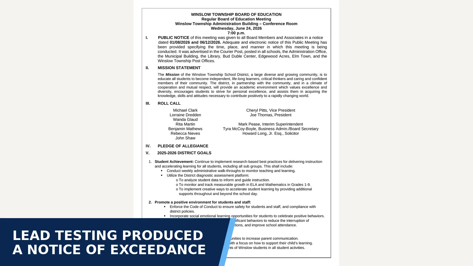 Excerpt from June 24, 2026 - Regular Meeting for Lead testing produced a notice of exceedance