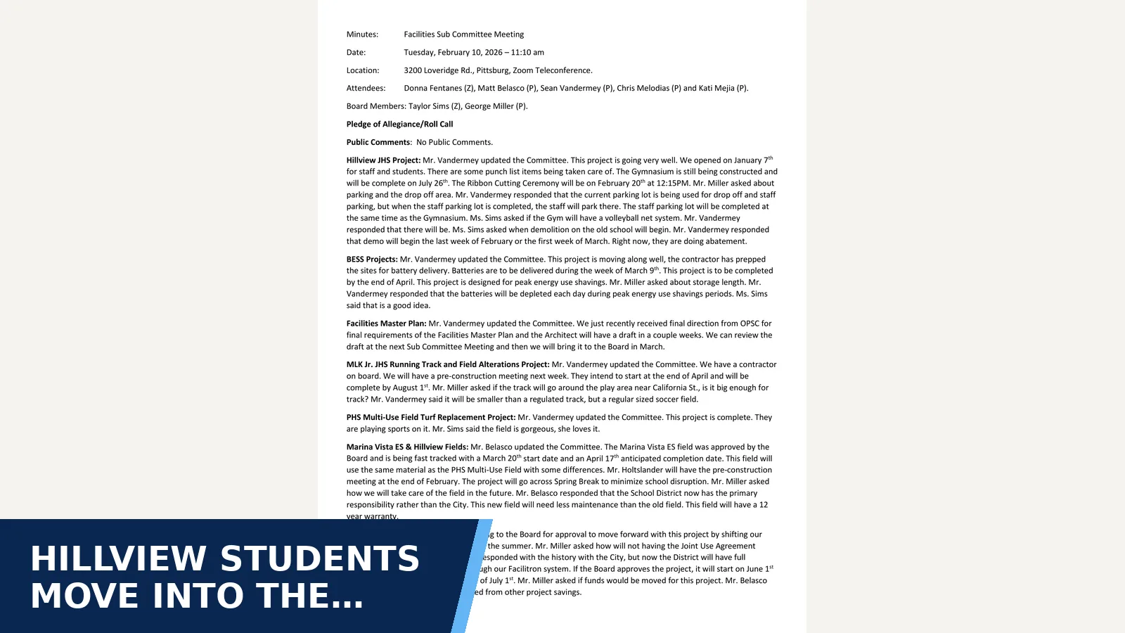 Excerpt from Facilities Sub Committee Meeting Minutes 2-10-26 for Hillview students move into the replacement campus