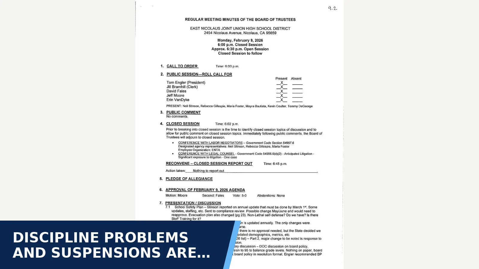 Excerpt from Board of Trustees - 20260209 Regular Meeting Minutes for Discipline problems and suspensions are rising
