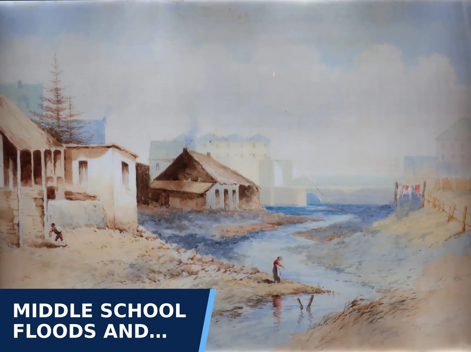 Editorial graphic for Middle school floods and hallway floor is crumbling