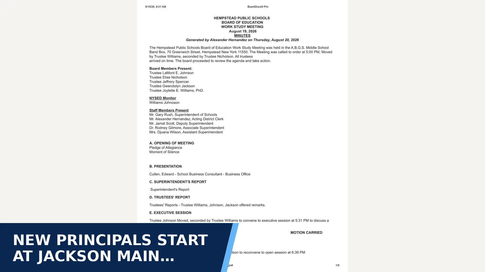 Excerpt from Board of Education 08-19-2026 Work Study Meeting Minutes for New principals start at Jackson Main Elementary…