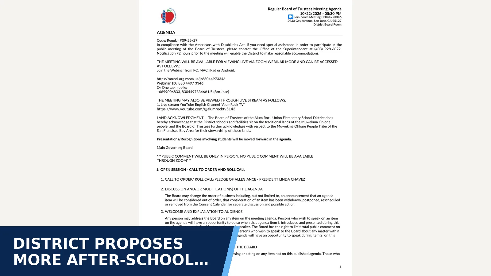 Excerpt from 2026-10-22 — October 22, 2026 Agenda for District proposes more after-school places at…