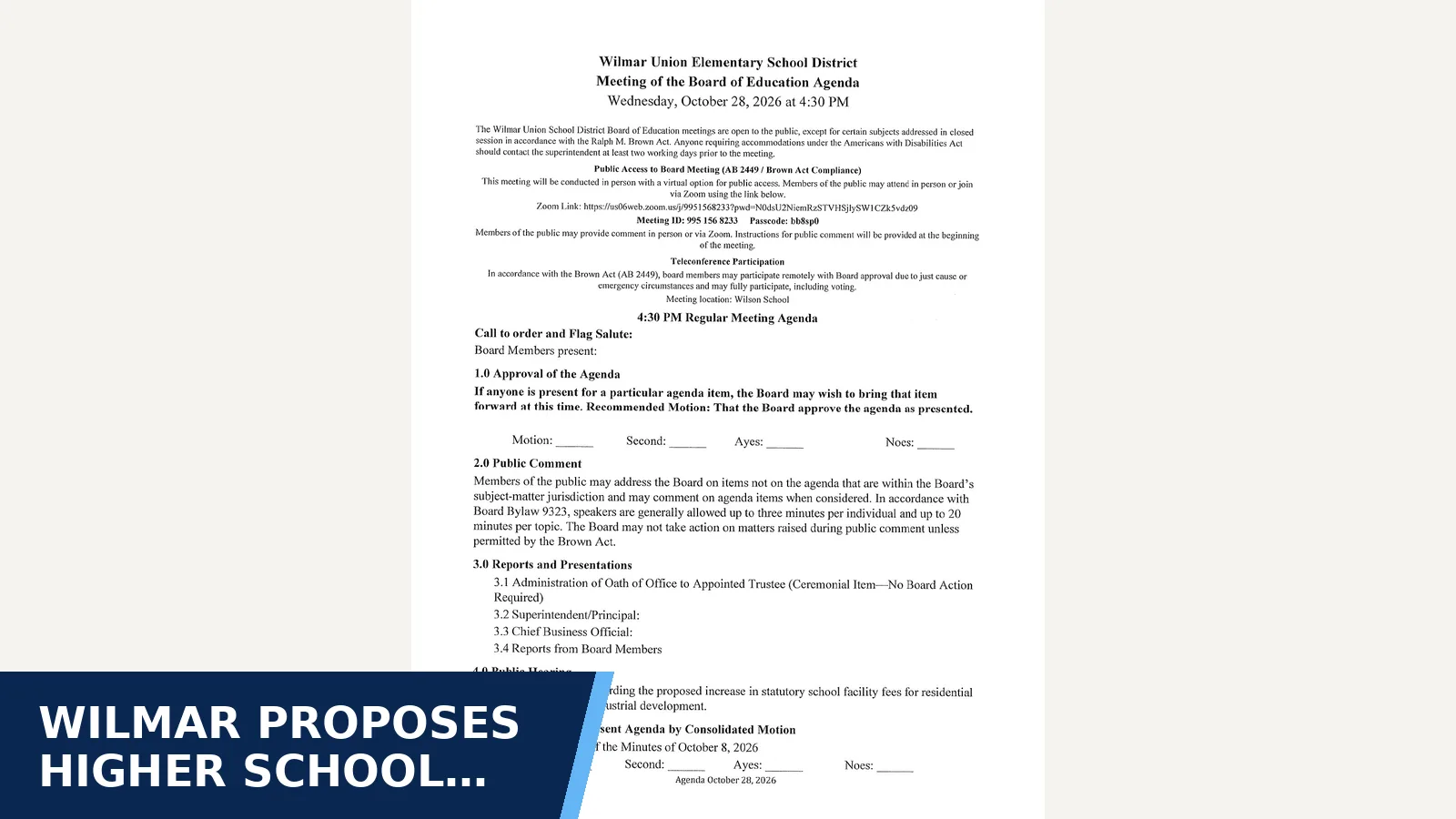 Excerpt from Wilmar BOE Agenda for October 28, 2026 for Wilmar proposes higher school facility fees on new…