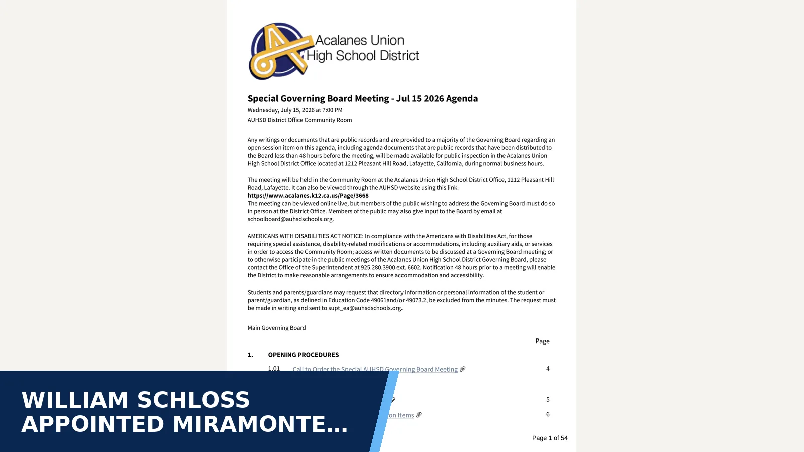 Excerpt from Special Governing Board Meeting - Jul 15 2026 for William Schloss appointed Miramonte High principal