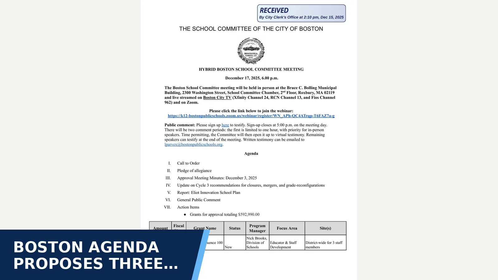 Excerpt from Boston School Committee agenda naming Ellis Elementary — December 17, 2025 for Boston agenda proposes three school closures and a…