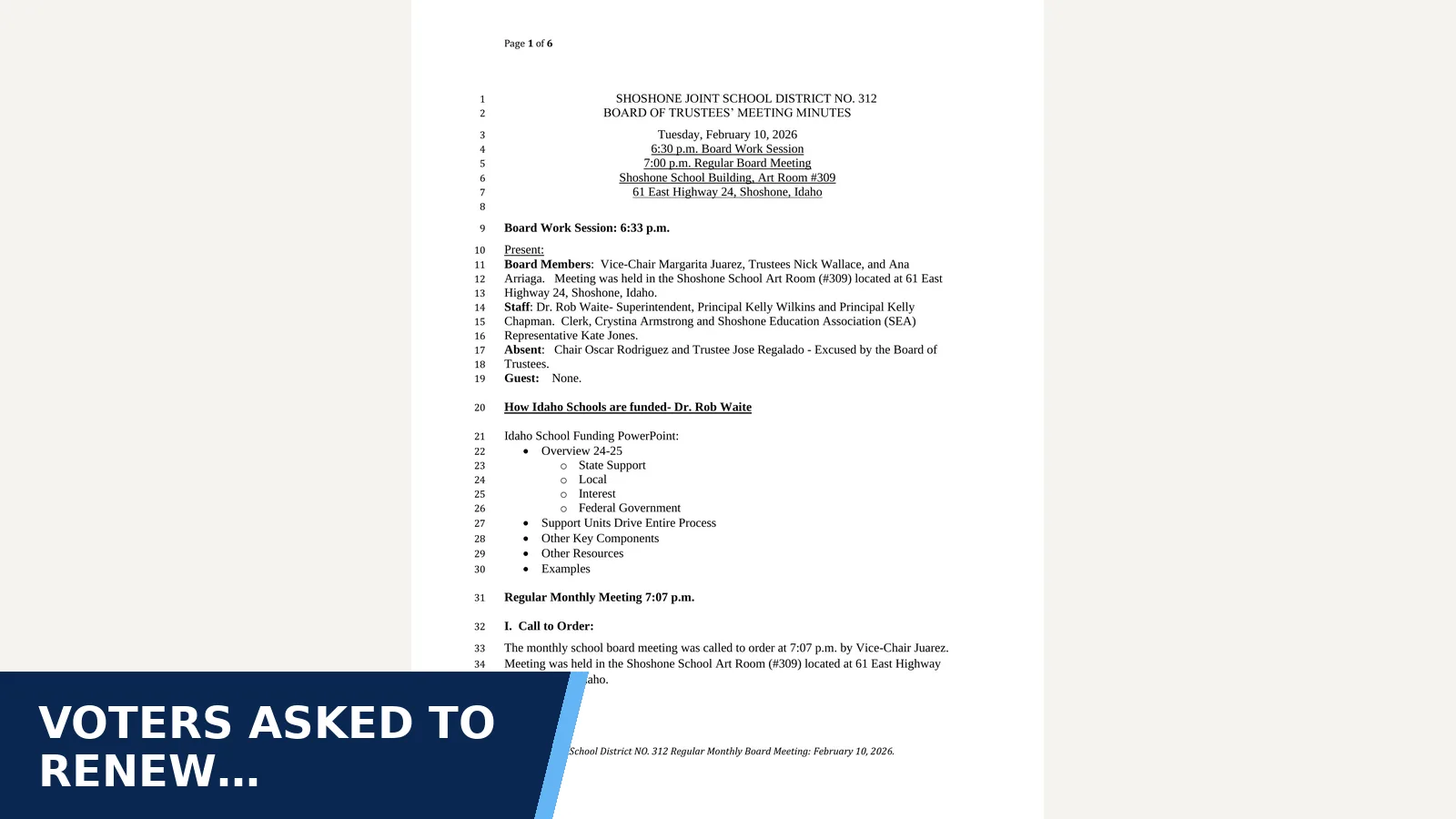 Excerpt from Shoshone SD 312 Board of Trustees minutes: February 2026 (February-10-2026-Board-Minutes-Official.pdf) for Voters asked to renew $300,000-a-year school levy