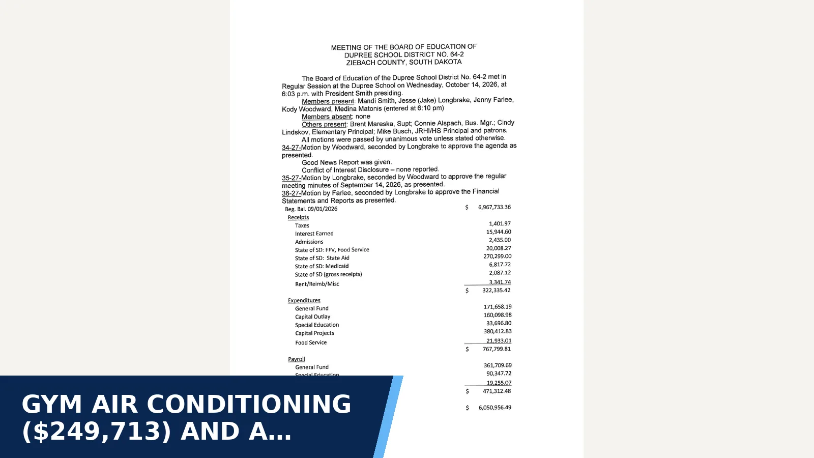 Excerpt from Board minutes: Regular Session Meeting - October 14, 2026 for Gym air conditioning ($249,713) and a $168,331…