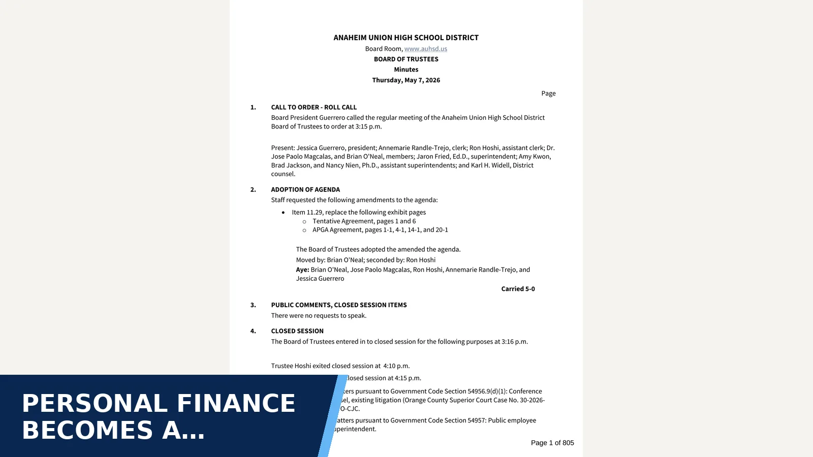 Excerpt from Regular Meeting - May 07 2026 - Minutes for Personal finance becomes a graduation requirement…