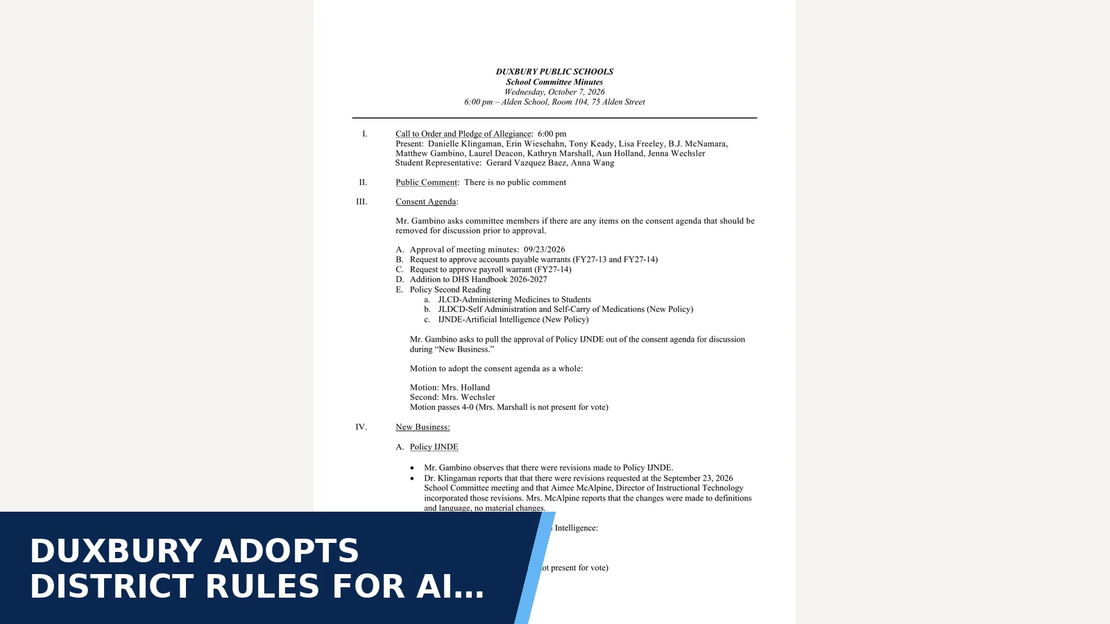 Excerpt from 100726_SCMinutes (1) (School Committee minutes) for Duxbury adopts district rules for AI use in schools
