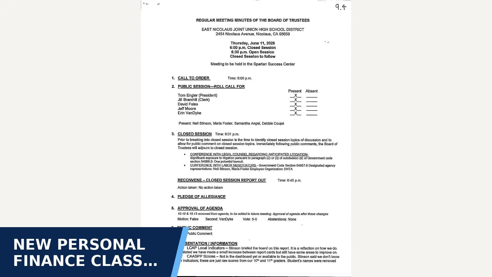 Excerpt from Board of Trustees - 20260611 Regular Meeting Minutes for New personal finance class required to graduate
