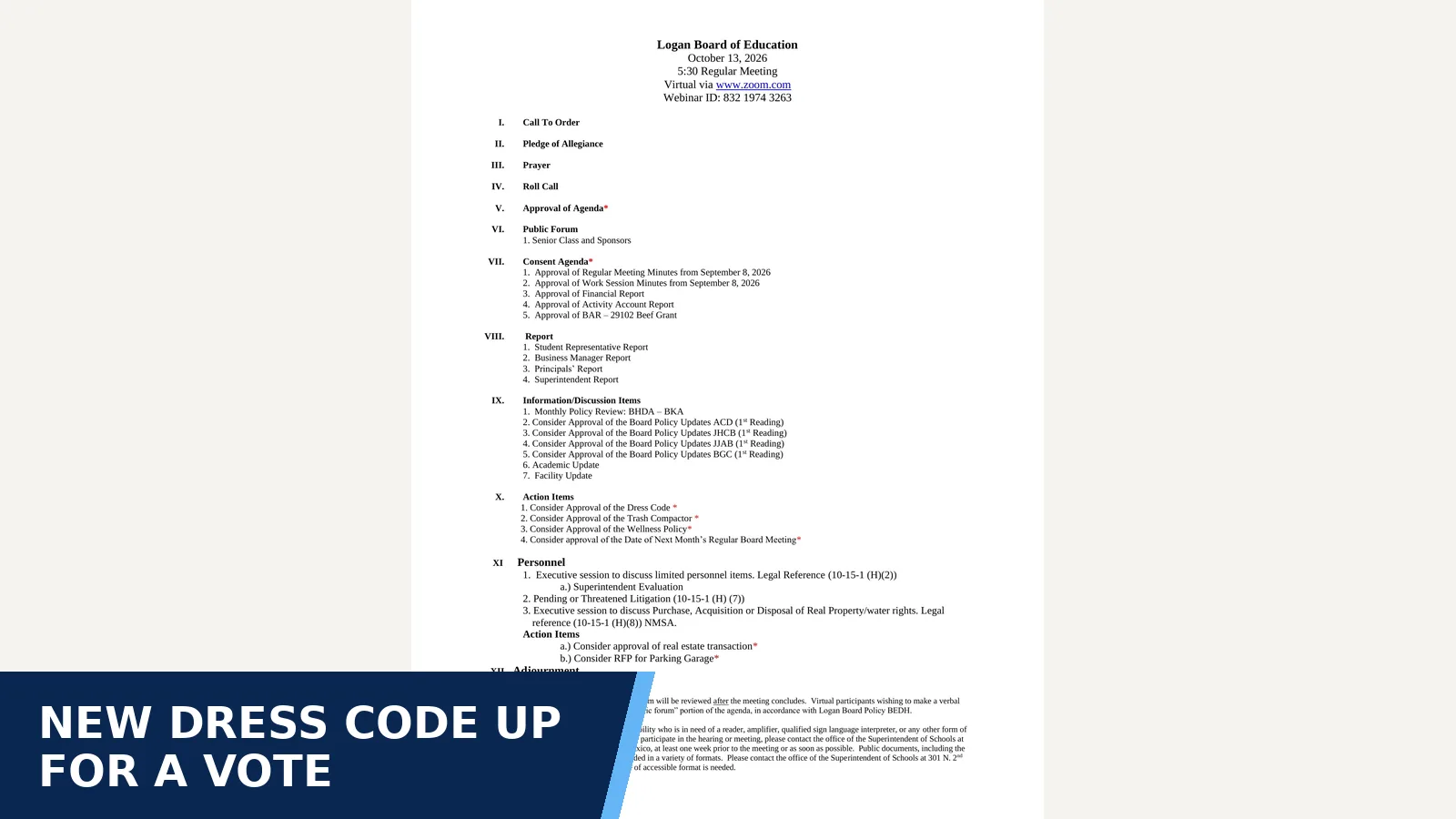 Excerpt from Board of Education - Agenda for October Board Meeting October 13, 2026 for New dress code up for a vote