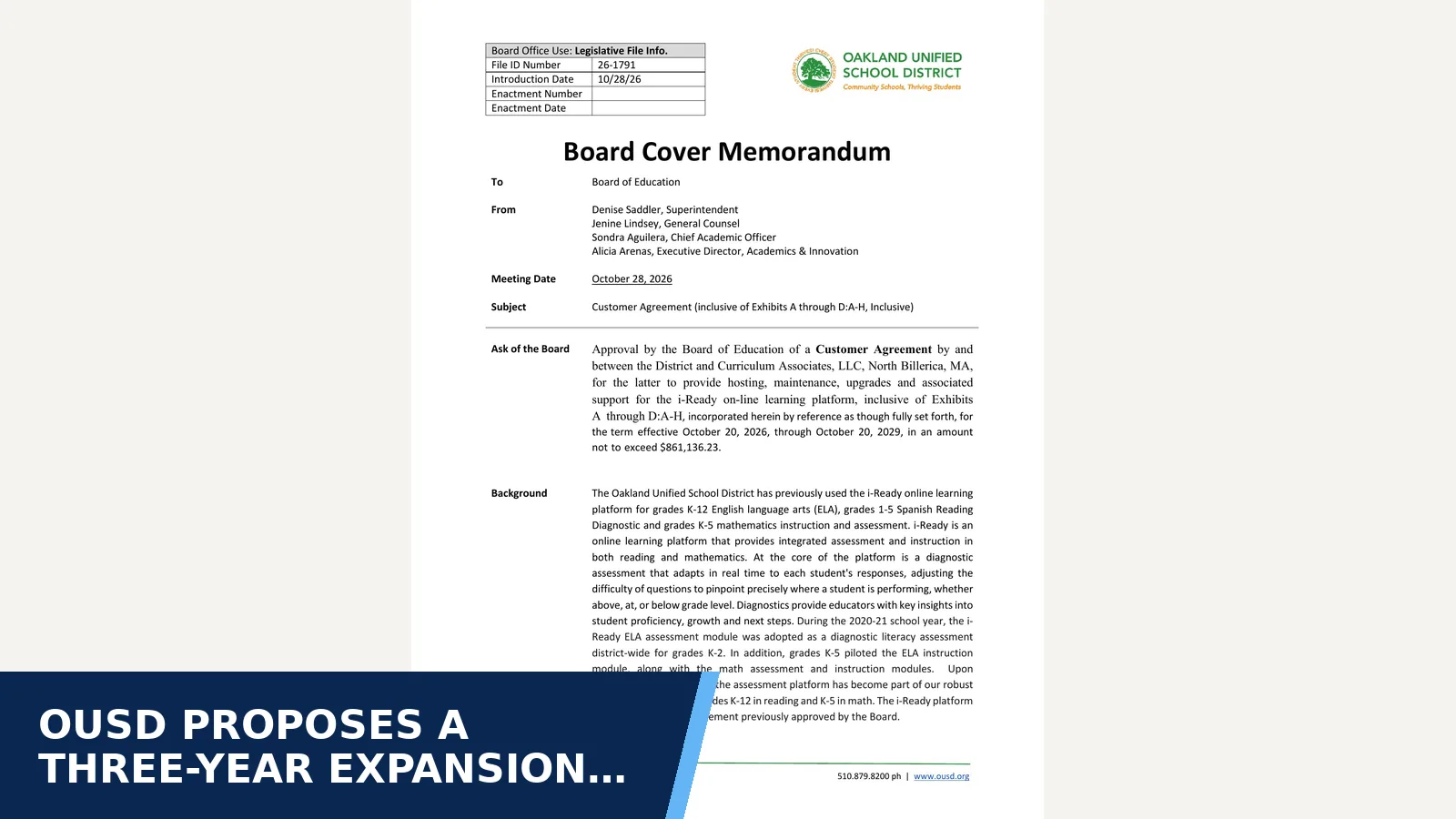 Excerpt from Board of Education - 10/28/2026 - 9:00 PM — linked agenda PDF 121817 for OUSD proposes a three-year expansion of i-Ready…