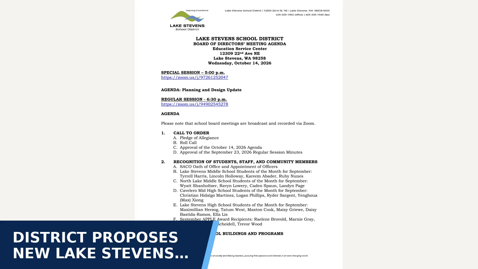 Excerpt from 2026-10-14 October 14, 2026 Agenda for District proposes new Lake Stevens Middle School…