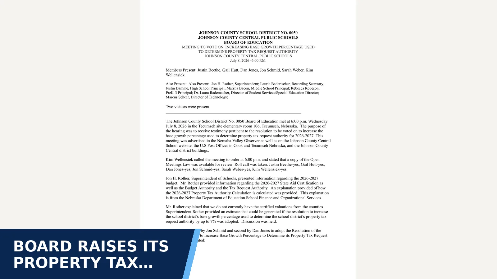 Excerpt from Board of Education Special Meeting - July 8th, 2026 for Board raises its property tax authority by 7%