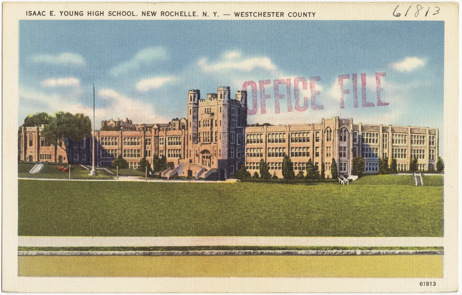 Postcard from the Boston Public Library depicting Isaac E. Young Middle School in New Rochelle, NY