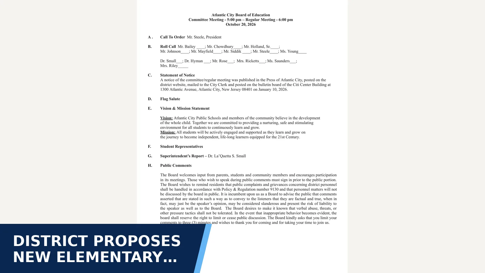 Excerpt from October 20, 2026 Board Agenda for District proposes new elementary grading scale and…