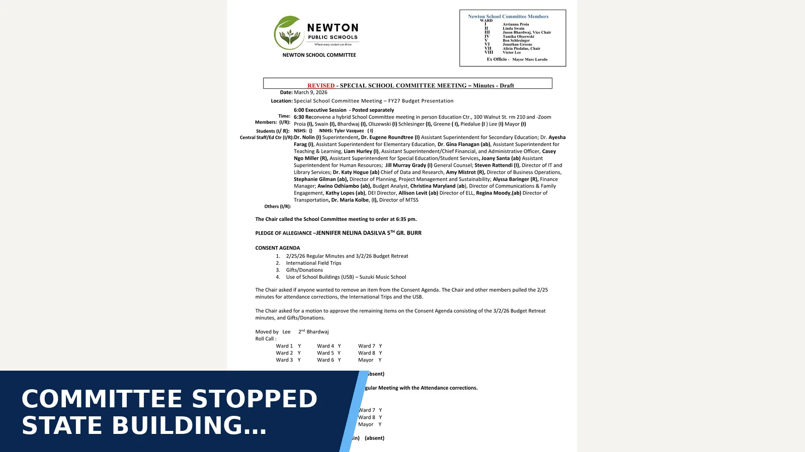 Excerpt from Newton School Committee Meeting, March 9, 2026 — 3-9-26 Special School Committee Meeting- Minutes - Draft - REVISED.pdf for Committee stopped state building applications for…