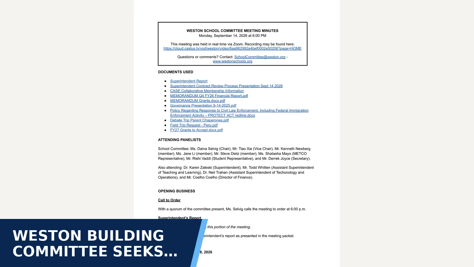 Excerpt from Weston School Committee Minutes — 2026-09-14 for Weston building committee seeks $2.75 million for…
